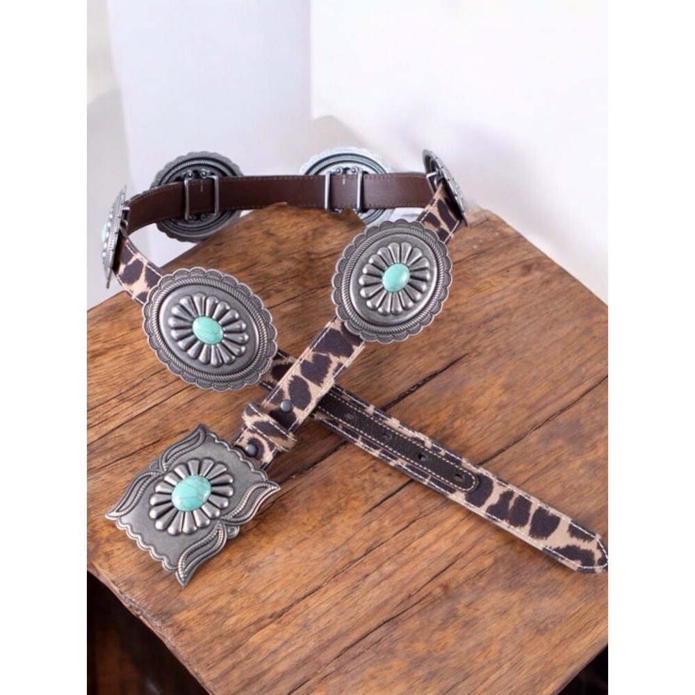 ARIAT Silver/Turquoise CONCHO BELT LEOPARD Leather Western Cowgirl Rodeo Sz L - Picture 3 of 6
